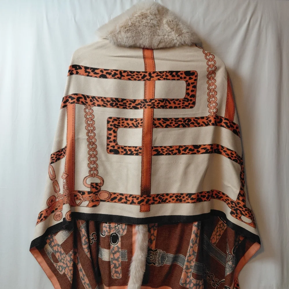 La Florentina Wrap Scarf Faux Fur Leopard Equestrian Print‎ Cream Black Orange